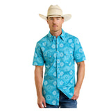 Men's Turquoise Aztec Print Pearl Snap Short Sleeve Shirt