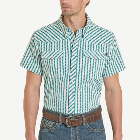 Rock & Roll Mens Turquoise Aztec Pinstripe Short Sleeve