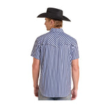 Rock and Roll Men's Short Sleeve Blue Striped Tek Snap Shirt Back View