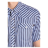Rock and Roll Men's Short Sleeve Blue Striped Tek Snap Shirt Logo View