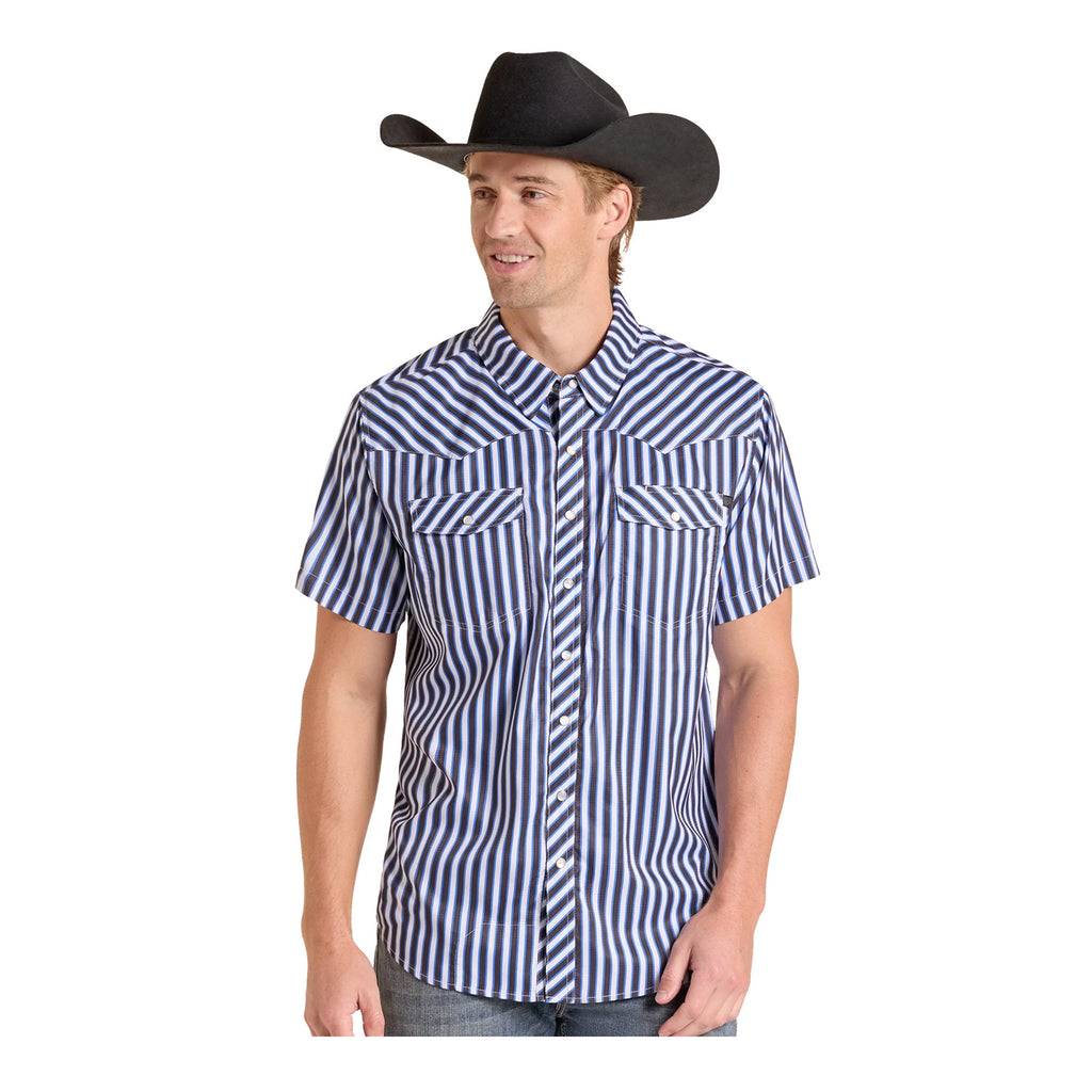 Rock and Roll Men's Short Sleeve Blue Striped Tek Snap Shirt