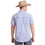 Model wearing a blue and white checkered short-sleeve Western shirt with breathable back.