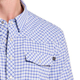 Upclose of blue and white checkered short-sleeve Western shirt with snap buttons and chest pocket.