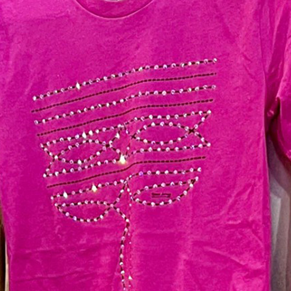 hot pink kids shirt with clear rhinestones in a boot stitch pattern