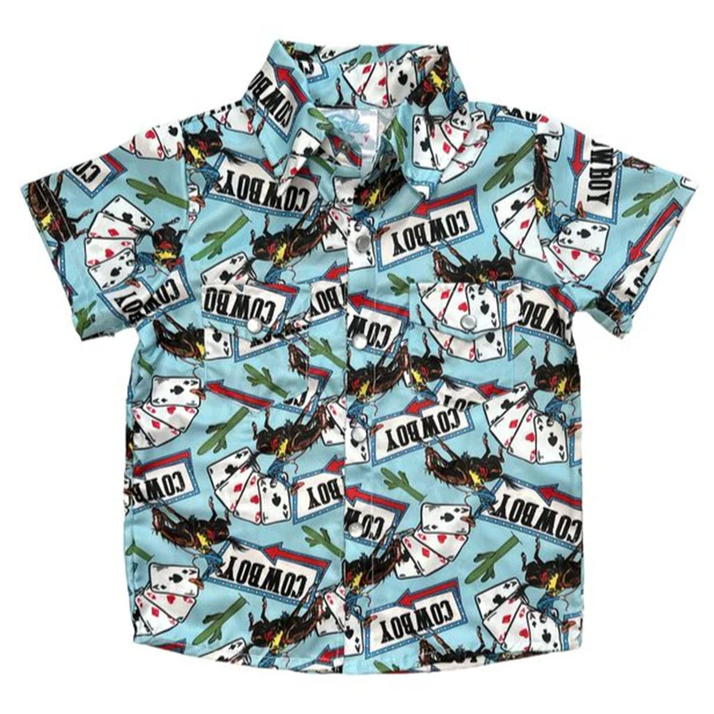 Boys Vegas Cowboy Short Sleeve Pearl Snap Shirt with playing cards and cowboy graphics