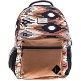 Brown and Brlack Aztec print backpack with side pockets and front pocket