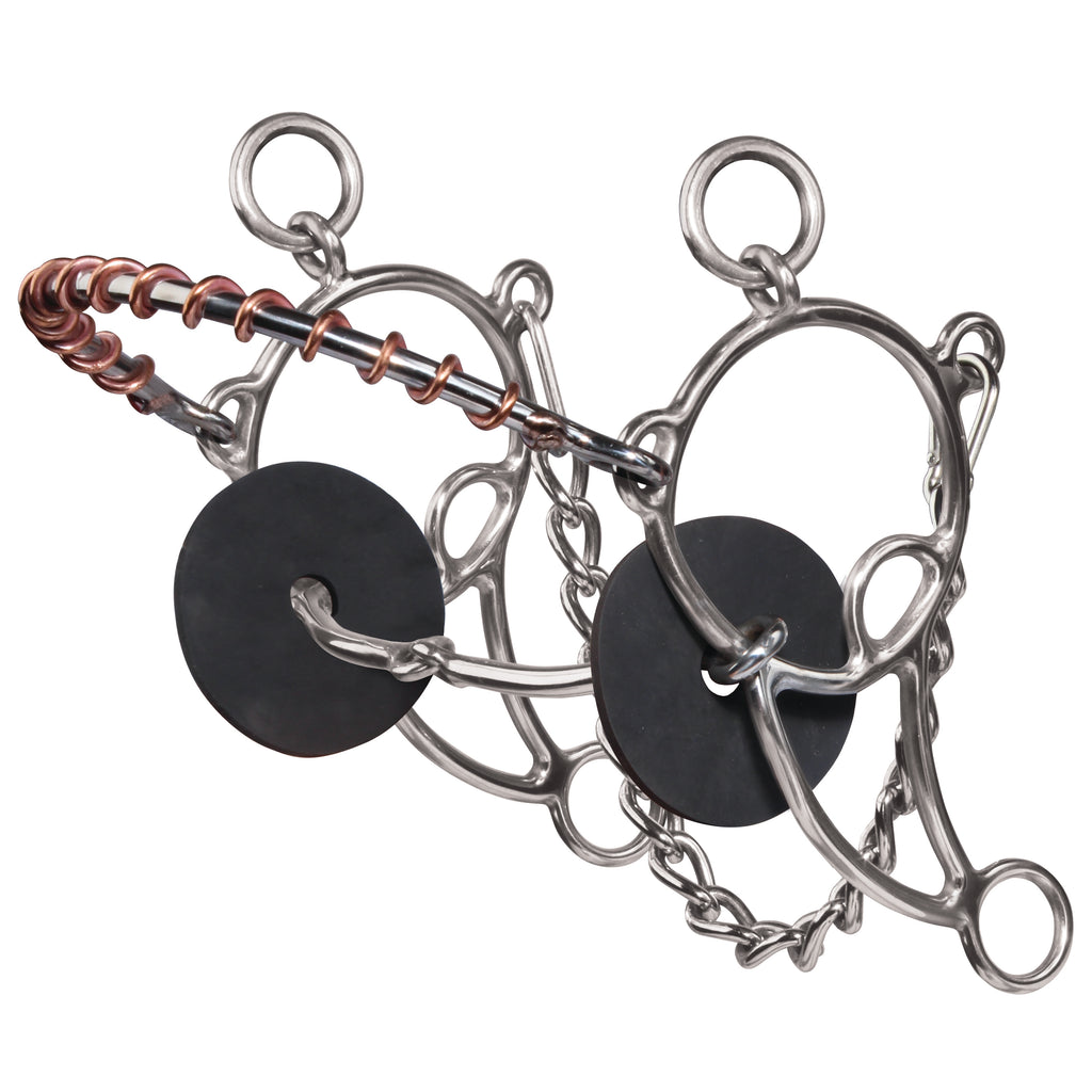 Stainless steel smooth snaffle bit with copper wrapped noseband and black bit guard on a white back ground.