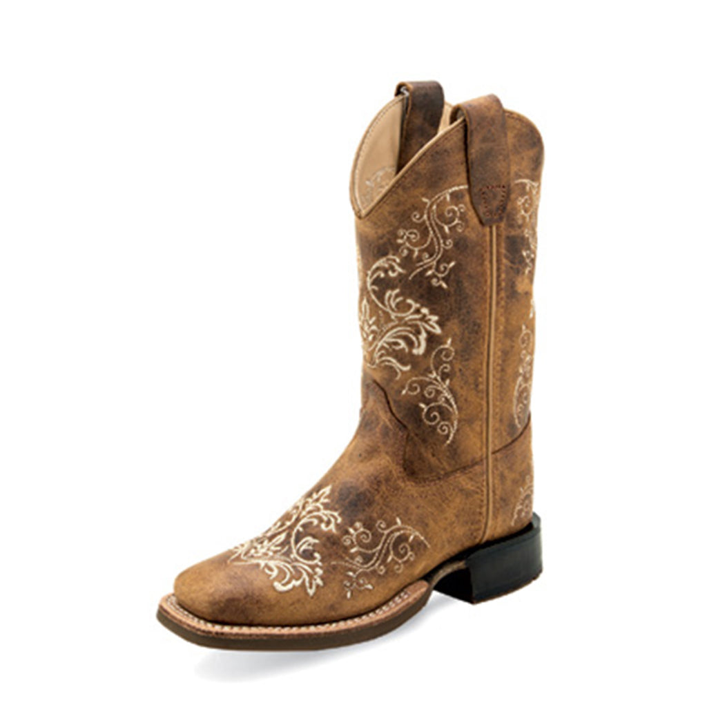 Side view of single brown distressed boot with fancy white stitching. 