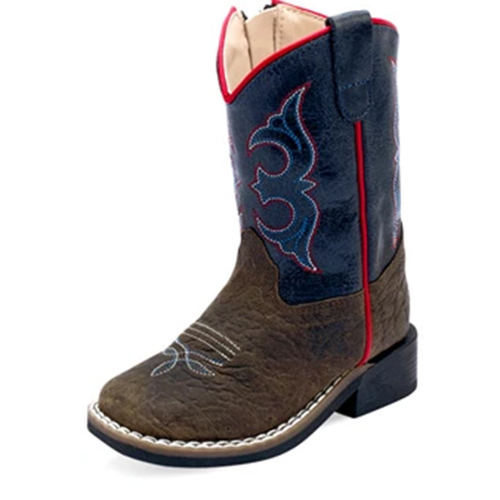 Front and side view or Navy & Red Infant boots
