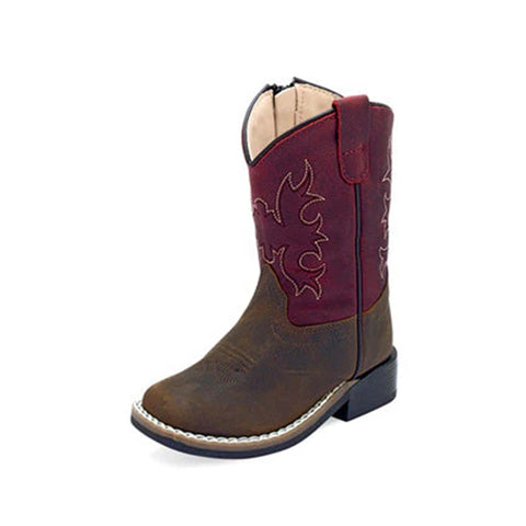 Old West Western Boots Toddler Leather, TPR Zipper Brown /Burgundy