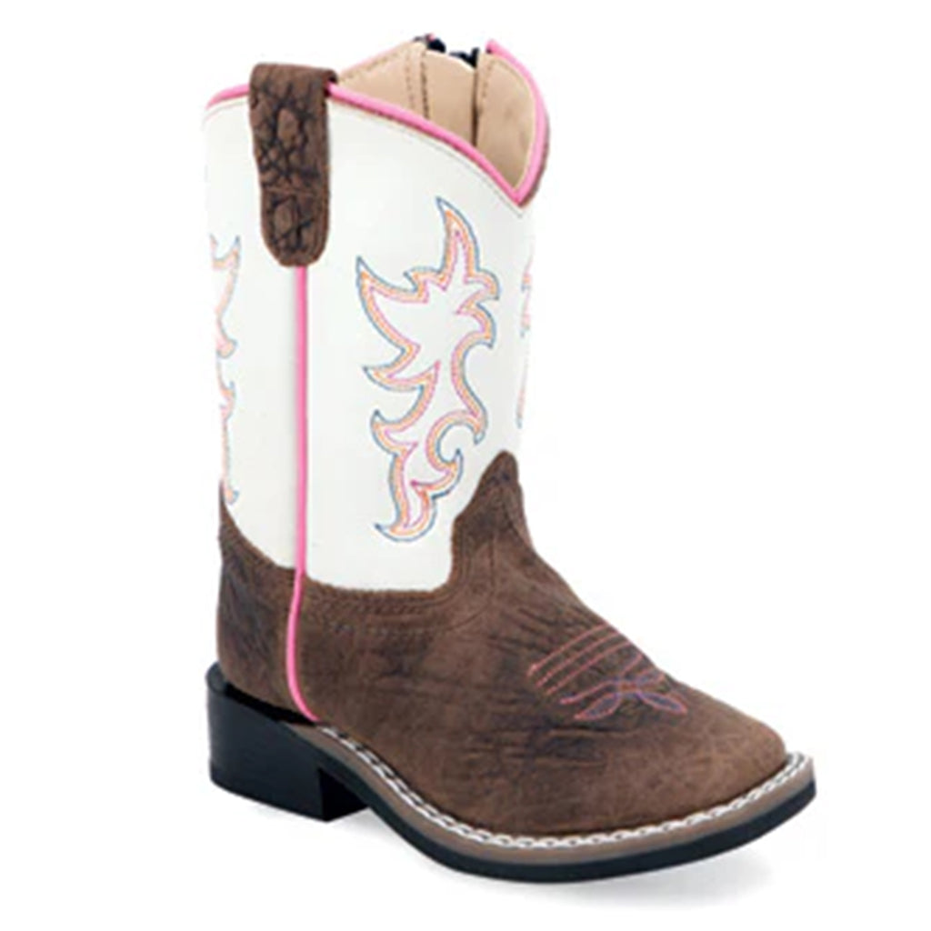 Single square toe boot side facing. The boot has a white shafter with pink fancy stitching. The base is brown with pink boot stitching. 