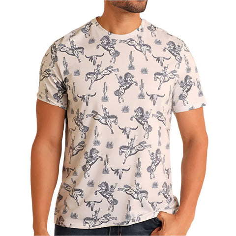 Cream color with grey bucking bronc graphic tee