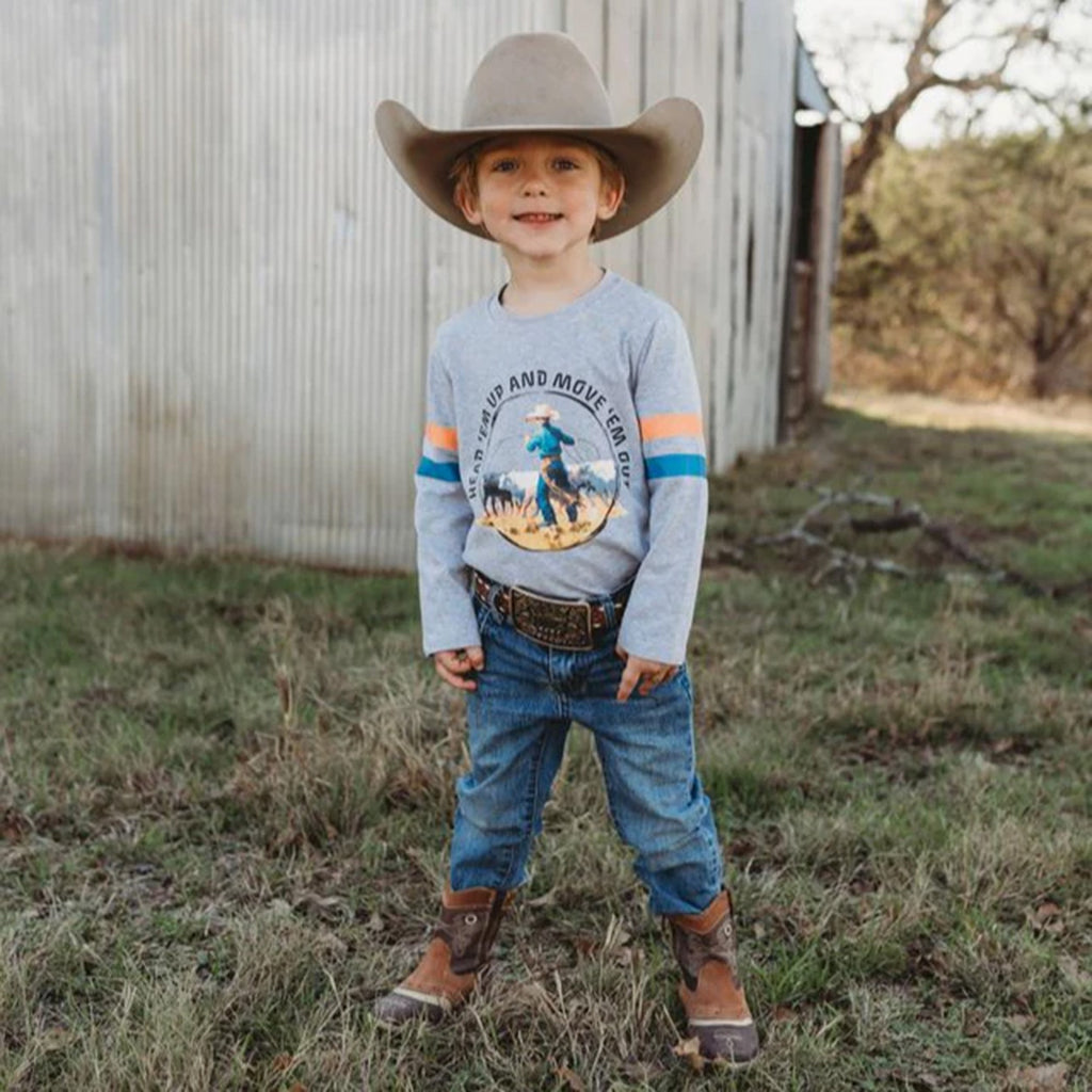 kids grey long sleeve t-shirt with cowboy graphic in circle