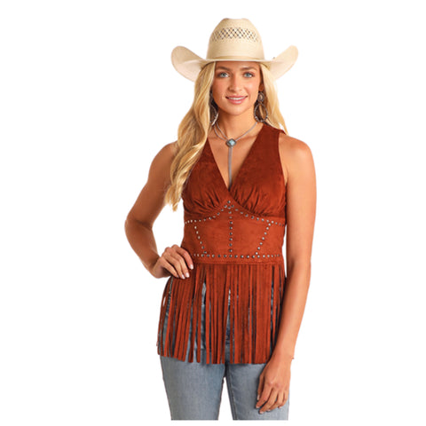 Women's rust suede and stud fringe top