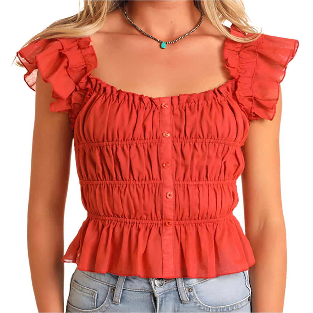 Rust Ruched-Ruffle Tank Four Rust Color Button Up
