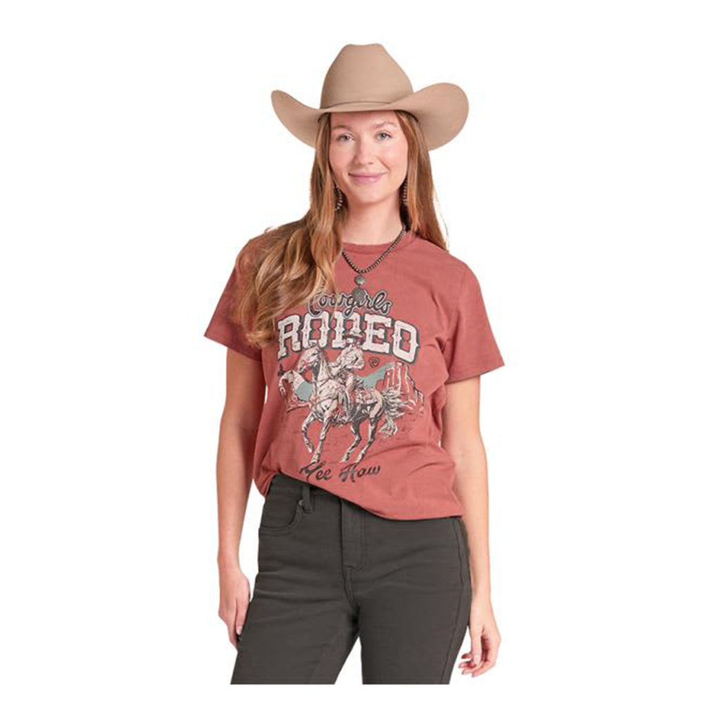 ROCK N ROLL DENIM® WOMENS “COWGIRLS RODEO” RUST GRAPHIC TEE SHIRT