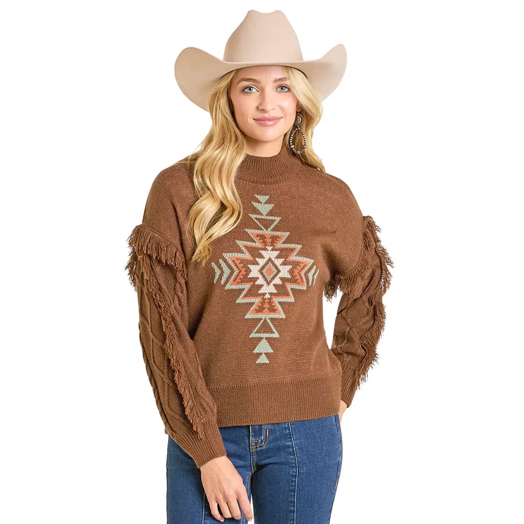 Women's Aztec Knit Fringe Sweater