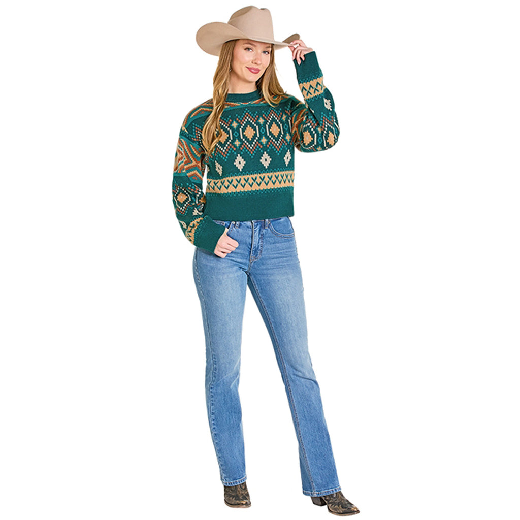 Rock N Roll Women's Teal All Over Aztec Sweater