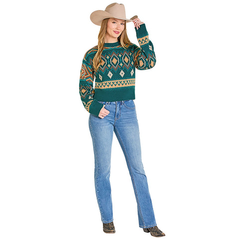 Rock N Roll Women's Teal All Over Aztec Sweater