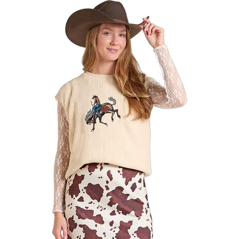 Women’s Bronc Embroidered Turtleneck Vest – Natural