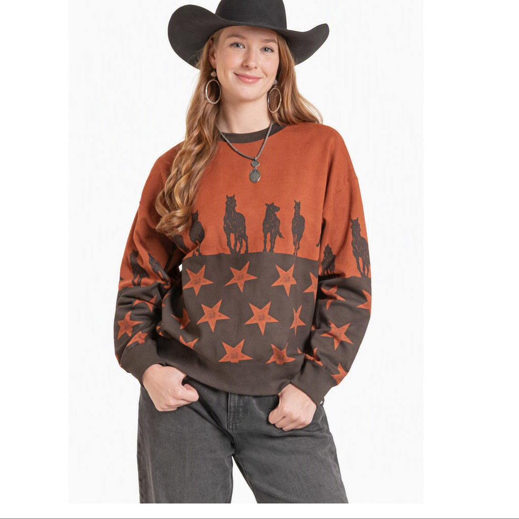 women rust horse stars crewneck sweater