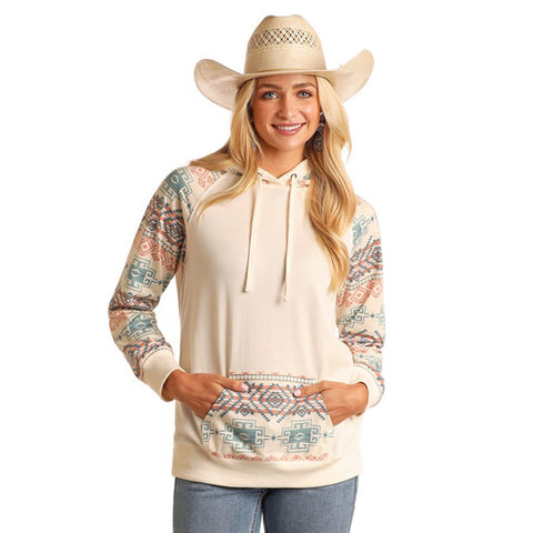 Natural Colored Hoodie with Aztec Sleeves, Hood and Kangaroo Pocket
