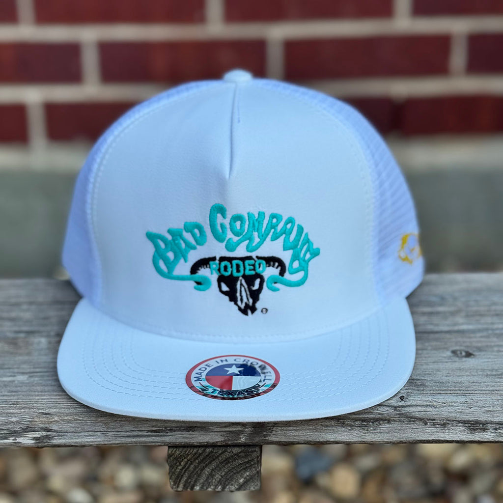 Bad Company Rodeo White cap, turquoise writing and yellow Hooey logo 
