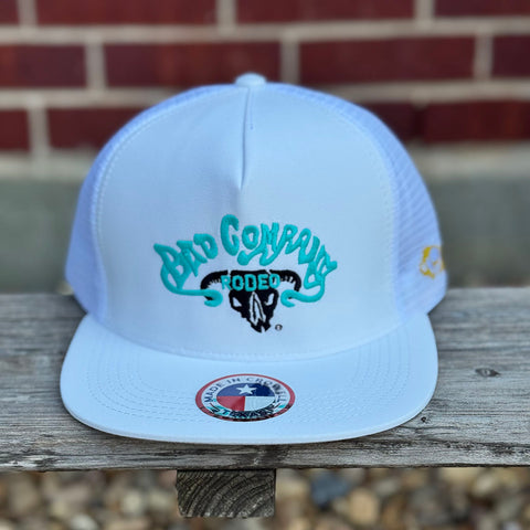 Bad Company Rodeo White cap, turquoise writing and yellow Hooey logo 