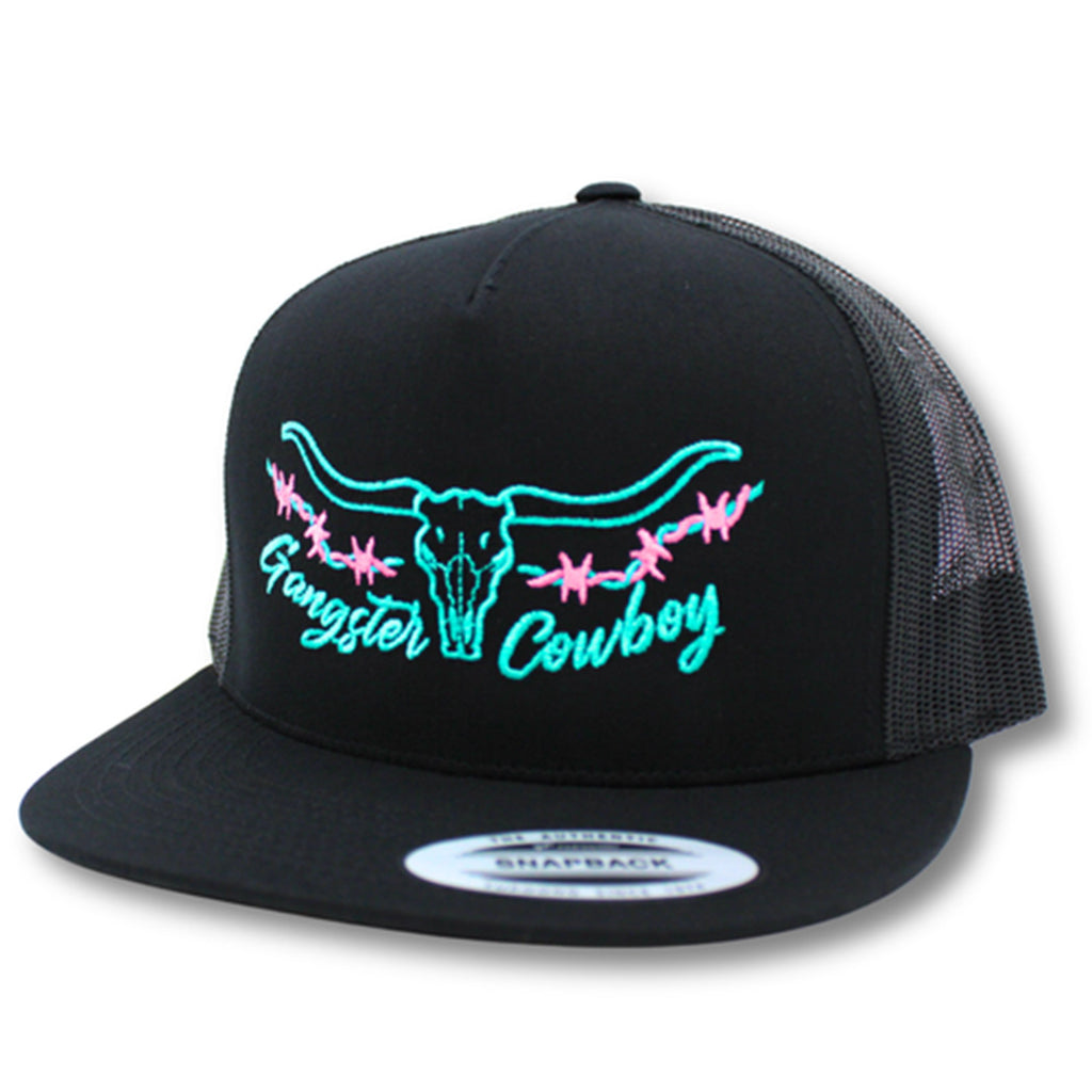 Black/Pink/Turquoise Barb Wire Cap in a front view, showing the bold barb‑wire graphic and colorful Western design.