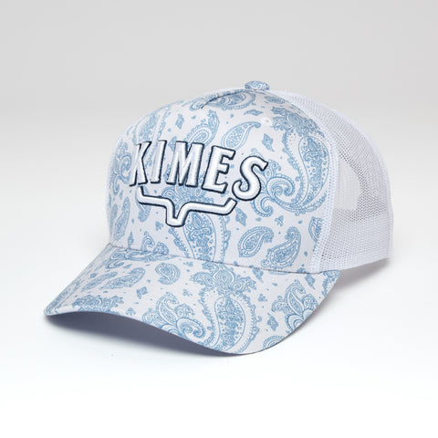 Side view of the Kimes Ranch Bellevue Paisley Cap showing the paisley graphic front, mesh back panels, and classic trucker hat profile.