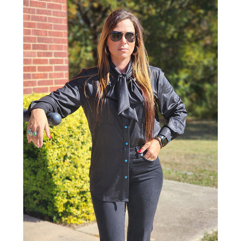 black shimmer, turquoise snaps, chest pockets, long sleeve  
