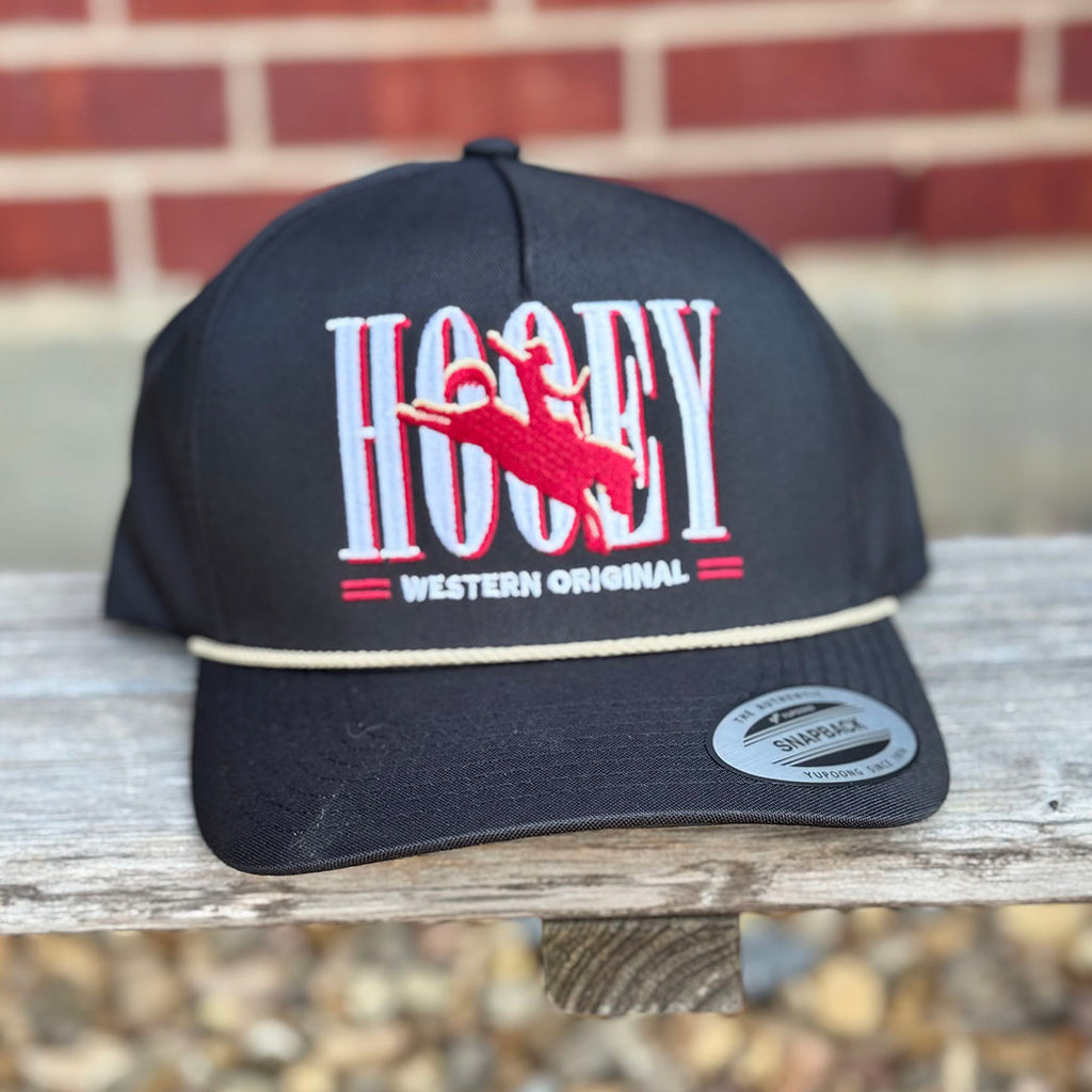 Black Hooey Wild ride hat, white writing, red bronc, white ripe 