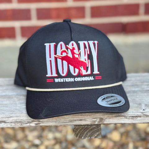 Black Hooey Wild ride hat, white writing, red bronc, white ripe 