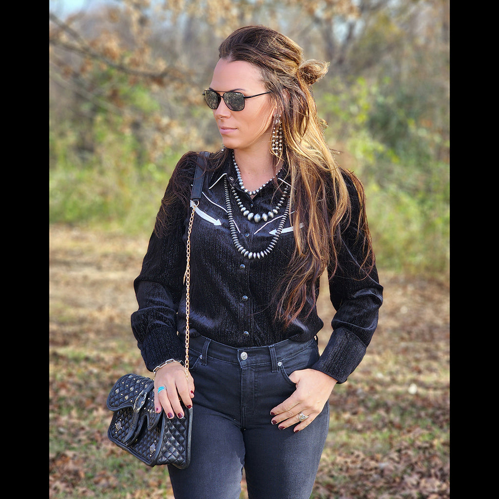 Velvet Material, Black pearl snaps, long sleeve, collar 