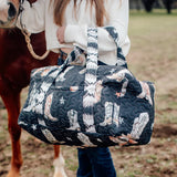 Black quilted thunderbird boot duffle bag 