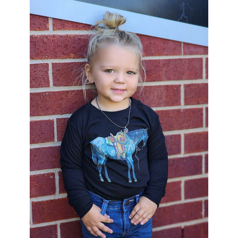 Long Sleeve with a blue roan horse on it 