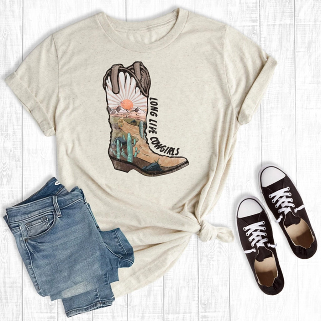 Cream Colored Graphic - Desert Scene in Boot - Long Live Cowgirls