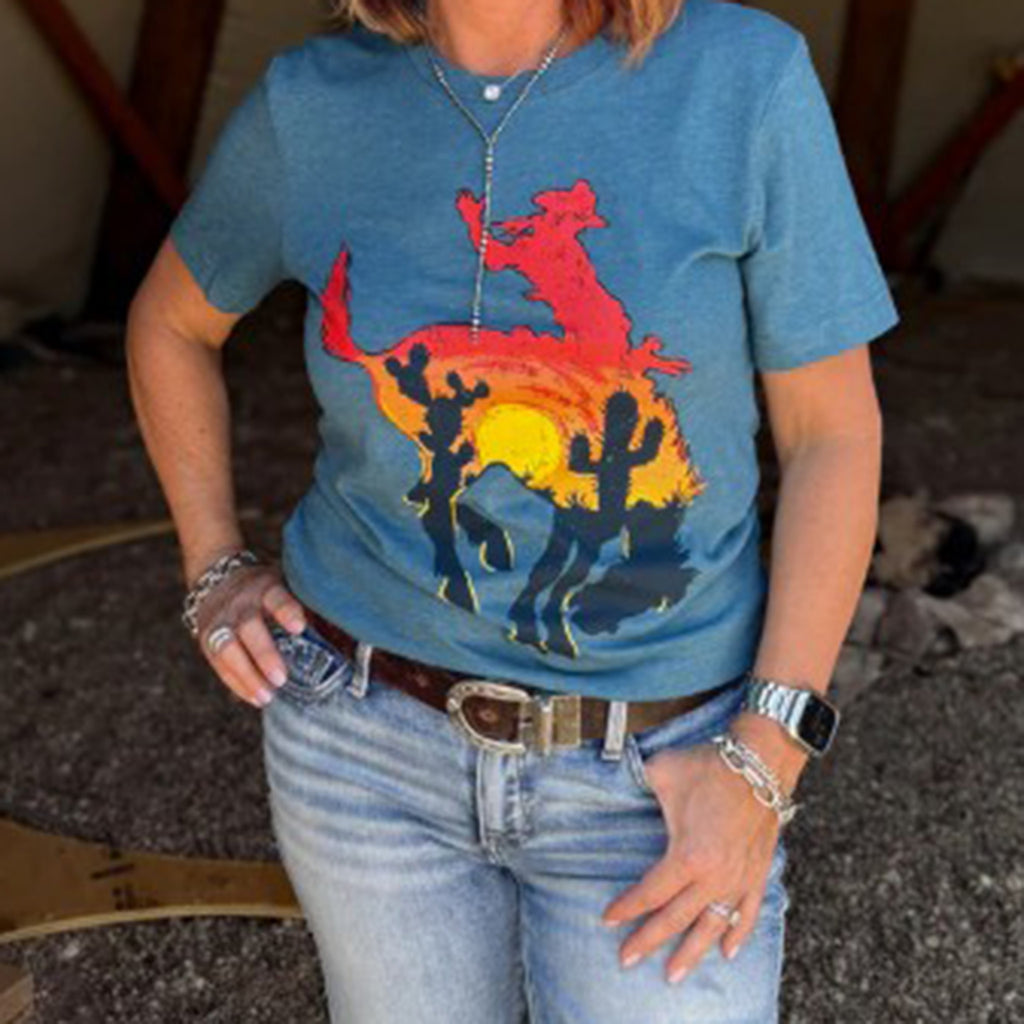 Denim Women's Tee with Sunset Bronco Centered on Shirt