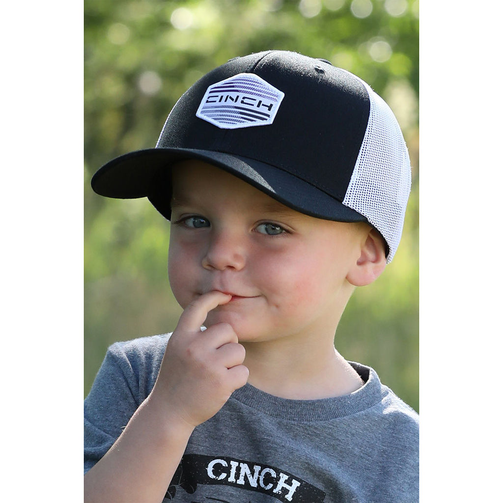 Boys Trucker Cap, Cinch Logo with snap back. Black and White 