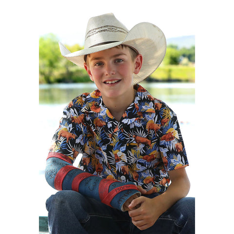 Red Angus and Aloha Pattern Button Down Short Sleeve 
