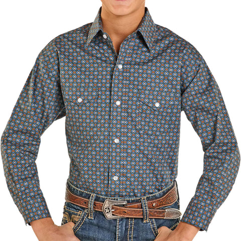 Boys' Rough Stock Vintage Diamond Print Snap Button Long Sleeve- Front
