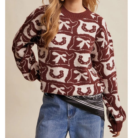 Burgundy Horseshoe and bow sweater 