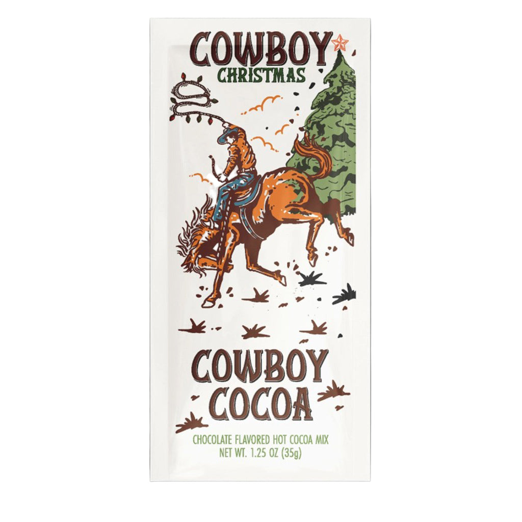 Cowboy Christmas Cocoa package with a cowboy on a horse and Christmas tree illustration.