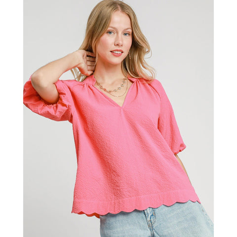 Pink Bubbled Sleeved Seersucker Top with Scalloped Hemline