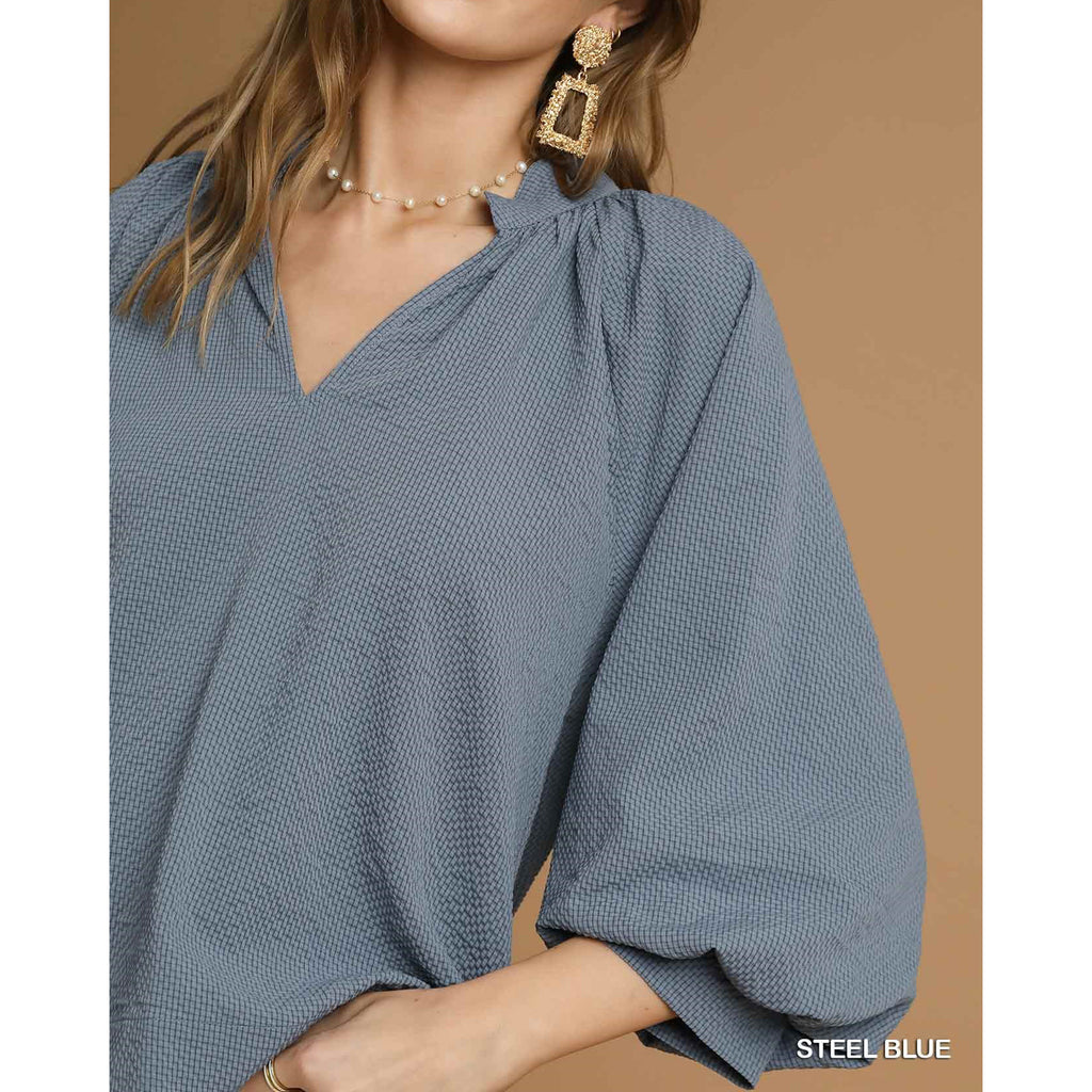 Women's Blue Split V Neck Top with Balloon Sleeves