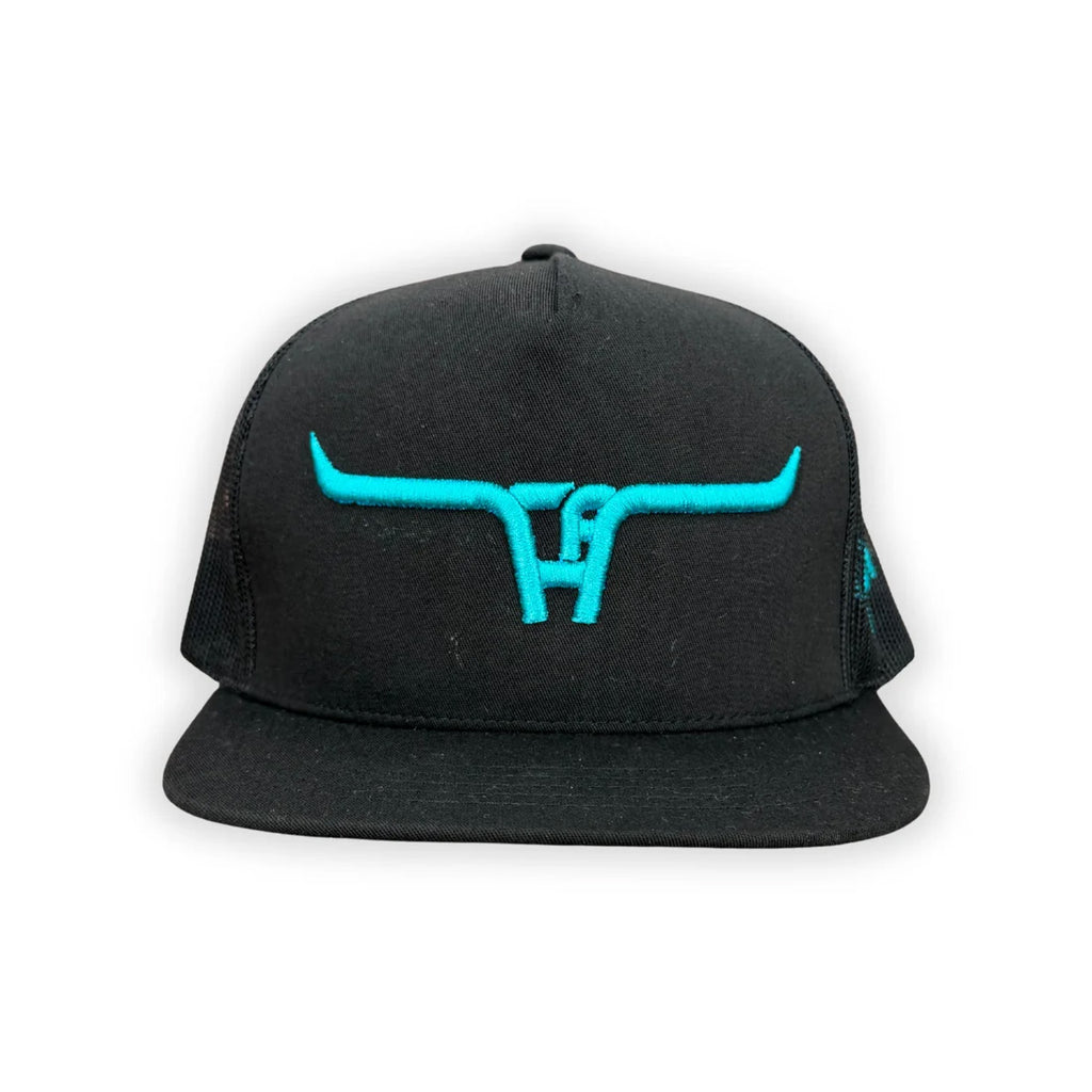 "CA Longhorn" Turquoise Puff - YOUTH CA 6006 Black/ Black Mesh, Snapback Cap