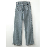 Back view of light stonewash wide leg jean on white background.