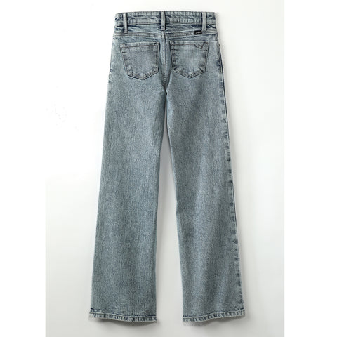 Back view of light stonewash wide leg jean on white background.