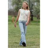 Front view of light stonewash wide leg jeans on girl walking.