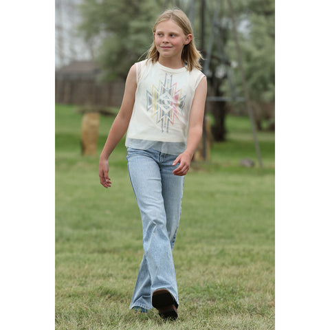 Front view of light stonewash wide leg jeans on girl walking.